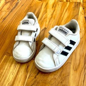 White and black, Adidas, 7T, Velcro.